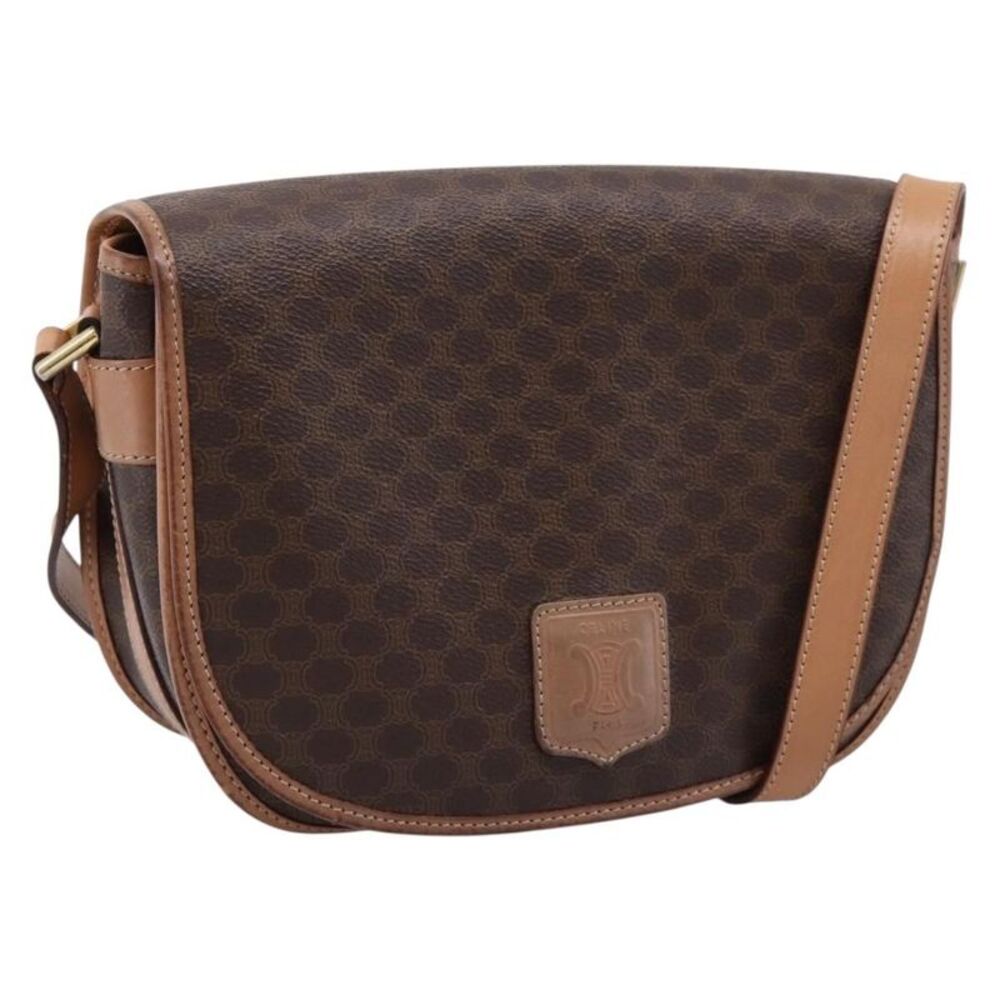 Celine Vintage Saddle Flap Macadam Coated Canvas Brown Canvas Shoulder Bag Bag